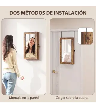 Espejo Joyero de Pared con Cerradura y Varios Compartimentos Montar en Pared o Puerta Marrón Rústico y Forro Negro