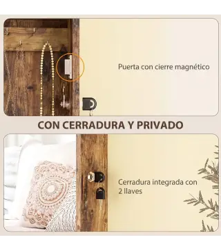 Espejo Joyero de Pared con Cerradura y Varios Compartimentos Montar en Pared o Puerta Marrón Rústico y Forro Negro