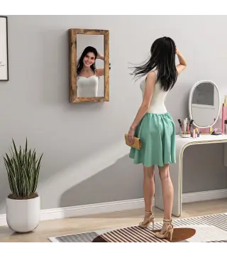 Espejo Joyero de Pared con Cerradura y Varios Compartimentos Montar en Pared o Puerta Marrón Rústico y Forro Negro