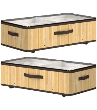 Juego de 2 Cajas de Almacenaje Bajo Cama con Ruedas 60L Tapa Transparente y Asa Marco Metálico 78,5x43x23 cm Natural