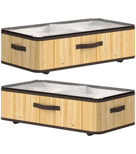Juego de 2 Cajas de Almacenaje Bajo Cama con Ruedas 60L Tapa Transparente y Asa Marco Metálico 78,5x43x23 cm Natural
