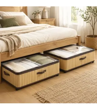 Juego de 2 Cajas de Almacenaje Bajo Cama con Ruedas 60L Tapa Transparente y Asa Marco Metálico 78,5x43x23 cm Natural