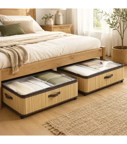 Juego de 2 Cajas de Almacenaje Bajo Cama con Ruedas 60L Tapa Transparente y Asa Marco Metálico 78,5x43x23 cm Natural