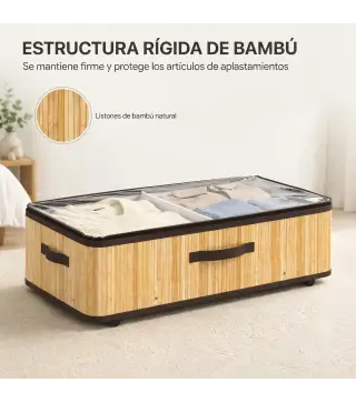 Juego de 2 Cajas de Almacenaje Bajo Cama con Ruedas 60L Tapa Transparente y Asa Marco Metálico 78,5x43x23 cm Natural
