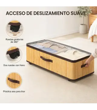 Juego de 2 Cajas de Almacenaje Bajo Cama con Ruedas 60L Tapa Transparente y Asa Marco Metálico 78,5x43x23 cm Natural