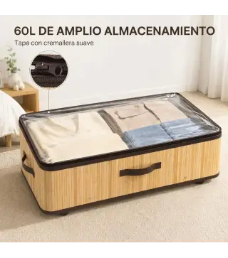 Juego de 2 Cajas de Almacenaje Bajo Cama con Ruedas 60L Tapa Transparente y Asa Marco Metálico 78,5x43x23 cm Natural