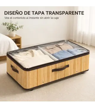 Juego de 2 Cajas de Almacenaje Bajo Cama con Ruedas 60L Tapa Transparente y Asa Marco Metálico 78,5x43x23 cm Natural