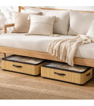Juego de 2 Cajas de Almacenaje Bajo Cama con Ruedas 60L Tapa Transparente y Asa Marco Metálico 78,5x43x23 cm Natural