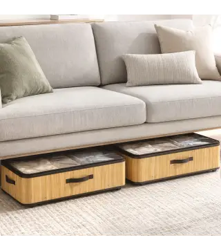 Juego de 2 Cajas de Almacenaje Bajo Cama con Ruedas 60L Tapa Transparente y Asa Marco Metálico 78,5x43x23 cm Natural
