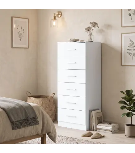 Cómoda de 6 Cajones Cajonera Alta para Dormitorio con Antivuelco 40x40x110 cm Blanco