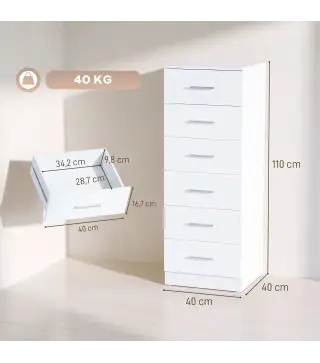Cómoda de 6 Cajones Cajonera Alta para Dormitorio con Antivuelco 40x40x110 cm Blanco