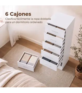 Cómoda de 6 Cajones Cajonera Alta para Dormitorio con Antivuelco 40x40x110 cm Blanco