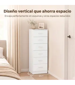Cómoda de 6 Cajones Cajonera Alta para Dormitorio con Antivuelco 40x40x110 cm Blanco