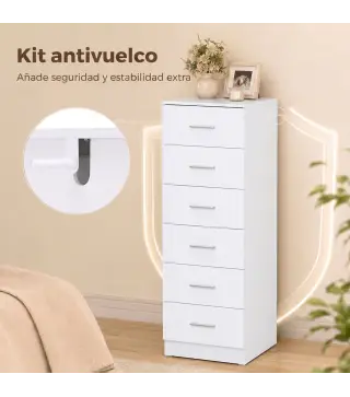 Cómoda de 6 Cajones Cajonera Alta para Dormitorio con Antivuelco 40x40x110 cm Blanco