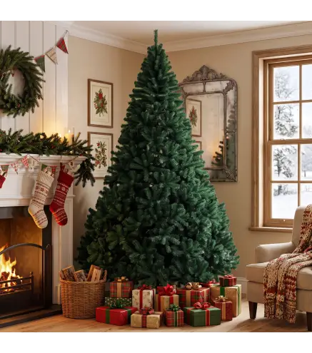 Árbol de Navidad de Abeto 270 cm con Ramas Articuladas 2418 Puntas de PVC Ignífugo Montaje Rápido Soporte de Acero Verde