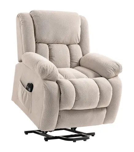 Sillón Relax Reclinable Eléctrico Levanta Personas Masaje Vibratorio y Calor Asiento Ancho Puerto USB Bolsillos Beige