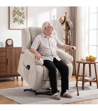 Sillón Relax Reclinable Eléctrico Levanta Personas Masaje Vibratorio y Calor Asiento Ancho Puerto USB Bolsillos Beige