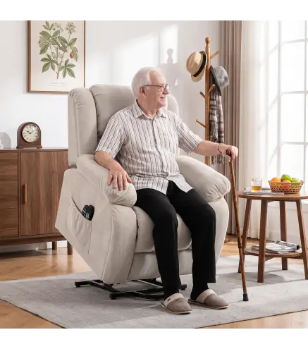 Sillón Relax Reclinable Eléctrico Levanta Personas Masaje Vibratorio y Calor Asiento Ancho Puerto USB Bolsillos Beige