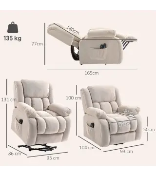 Sillón Relax Reclinable Eléctrico Levanta Personas Masaje Vibratorio y Calor Asiento Ancho Puerto USB Bolsillos Beige