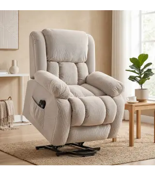 Sillón Relax Reclinable Eléctrico Levanta Personas Masaje Vibratorio y Calor Asiento Ancho Puerto USB Bolsillos Beige