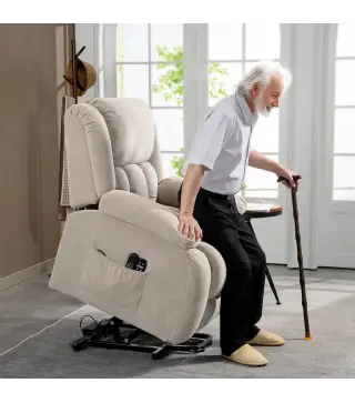 Sillón Relax Reclinable Eléctrico Levanta Personas Masaje Vibratorio y Calor Asiento Ancho Puerto USB Bolsillos Beige