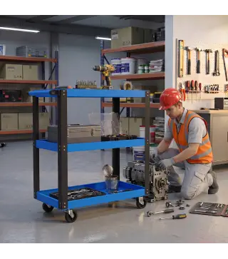 Carro de Herramientas con 3 Estantes Ruedas y Asas para Garaje Mecánico Hogar Carga 120 kg Azul y Negro