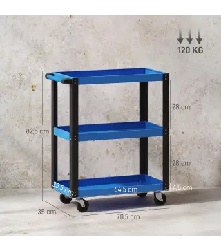 Carro de Herramientas con 3 Estantes Ruedas y Asas Carga 120 kg Azul y Negro