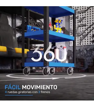Carro de Herramientas con 3 Estantes Ruedas y Asas Carga 120 kg Azul y Negro