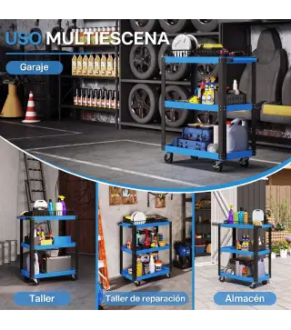 Carro de Herramientas con 3 Estantes Ruedas y Asas Carga 120 kg Azul y Negro