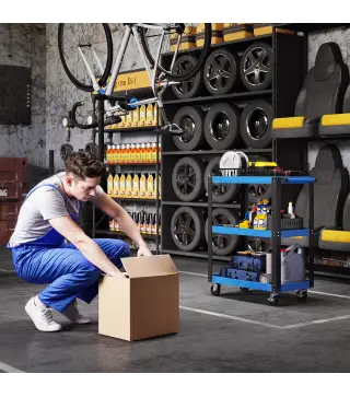 Carro de Herramientas con 3 Estantes Ruedas y Asas Carga 120 kg Azul y Negro