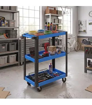 Carro de Herramientas con 3 Estantes Ruedas y Asas Carga 120 kg Azul y Negro
