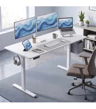 Escritorio Elevable Eléctrico 140x60 cm con 3 Memorias Pantalla LED 2 Ganchos y 2 Pasacables Blanco