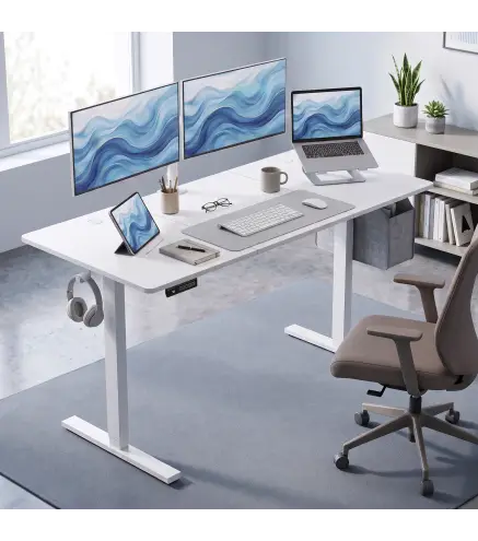 Escritorio Elevable Eléctrico 140x60 cm con 3 Memorias Pantalla LED 2 Ganchos y 2 Pasacables Blanco