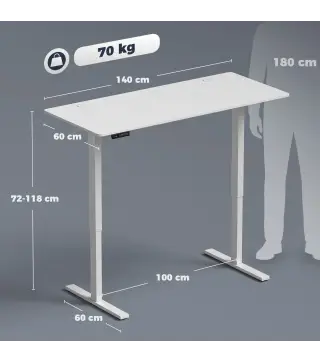 Escritorio Elevable Eléctrico 140x60 cm con 3 Memorias Pantalla LED 2 Ganchos y 2 Pasacables Blanco