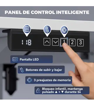 Escritorio Elevable Eléctrico 140x60 cm con 3 Memorias Pantalla LED 2 Ganchos y 2 Pasacables Blanco