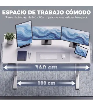 Escritorio Elevable Eléctrico 140x60 cm con 3 Memorias Pantalla LED 2 Ganchos y 2 Pasacables Blanco