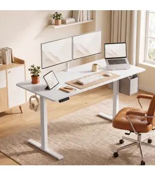 Escritorio Elevable Eléctrico 140x60 cm con 3 Memorias Pantalla LED 2 Ganchos y 2 Pasacables Blanco