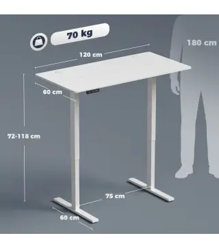 Escritorio Elevable Eléctrico 120x60 cm con 3 Memorias Pantalla LED 2 Ganchos y 2 Pasacables Blanco