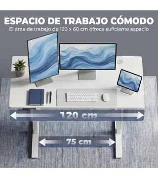 Escritorio Elevable Eléctrico 120x60 cm con 3 Memorias Pantalla LED 2 Ganchos y 2 Pasacables Blanco