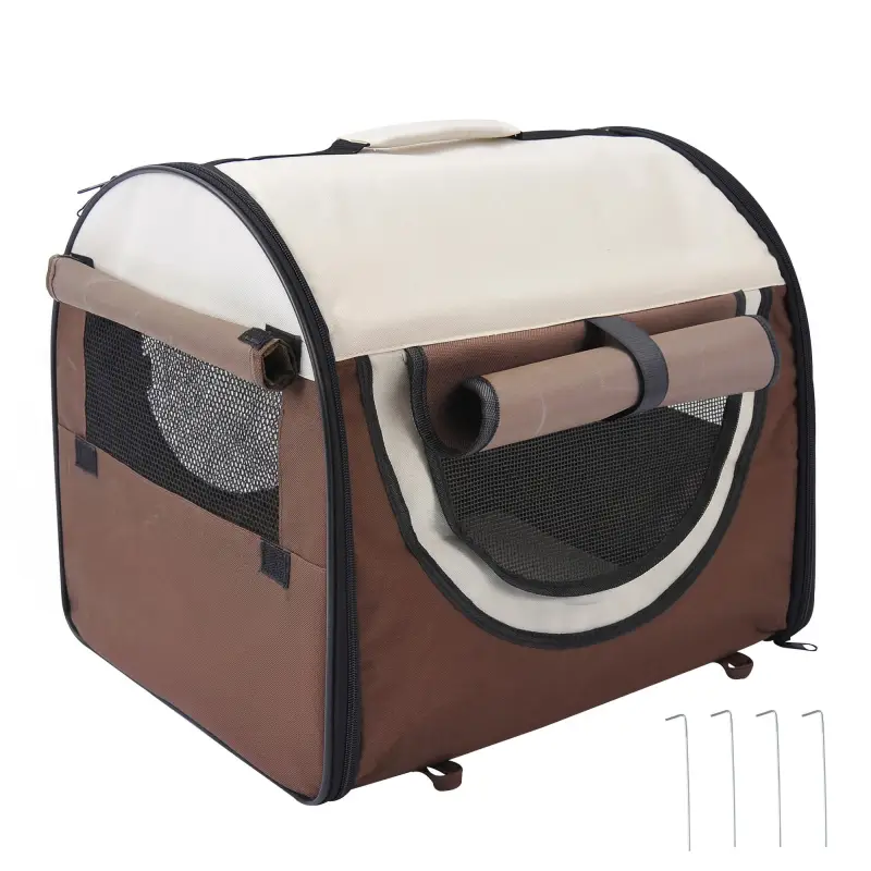 Transportín para Perros y Gatos Plegable 46x36x41 cm con Cojín Lavable Ventanas de Malla Estacas Marrón