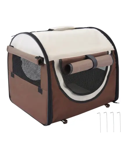 Transportín para Perros y Gatos Plegable 46x36x41 cm con Cojín Lavable Ventanas de Malla Estacas Marrón