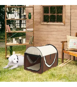 Transportín para Perros y Gatos Plegable 46x36x41 cm con Cojín Lavable Ventanas de Malla Estacas Marrón