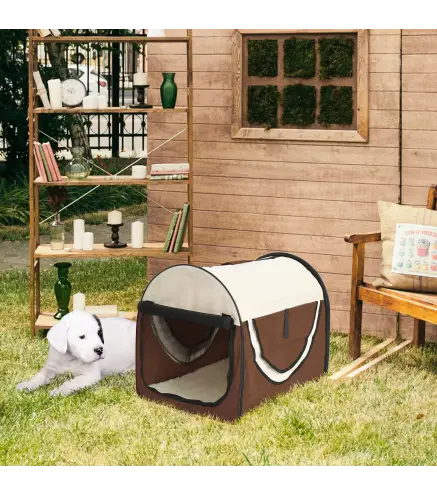 Transportín para Perros y Gatos Plegable 46x36x41 cm con Cojín Lavable Ventanas de Malla Estacas Marrón