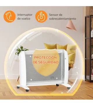 Calefactor Eléctrico 1000W/2000W Radiador de Mica con 2 Niveles de Potencia para 15-20m² 79x27x54 cm Blanco