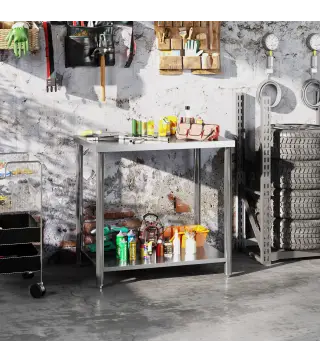 Mesa de Trabajo de Acero Inoxidable con 2 Estantes para Cocina Garaje Taller Carga 100 kg 90x60x86 cm Plata