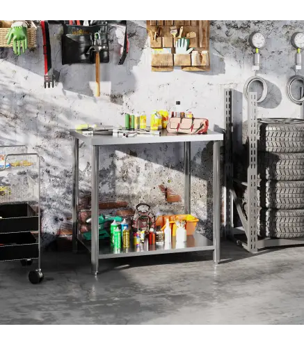 Mesa de Trabajo de Acero Inoxidable con 2 Estantes para Cocina Garaje Taller Carga 100 kg 90x60x86 cm Plata