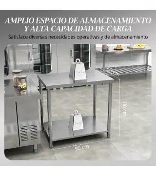Mesa de Trabajo de Acero Inoxidable con 2 Estantes para Cocina Garaje Taller Carga 100 kg 90x60x86 cm Plata