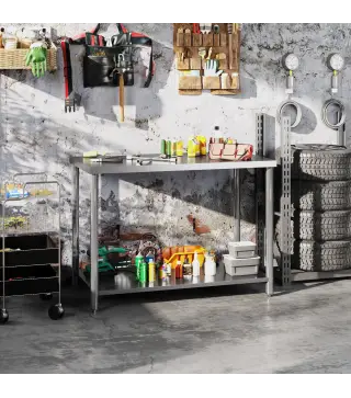 Mesa de Trabajo de Acero Inoxidable con 2 Estantes para Cocina Garaje Taller Carga 100 kg 120x60x86 cm Plata