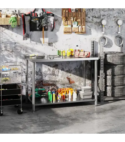 Mesa de Trabajo de Acero Inoxidable con 2 Estantes para Cocina Garaje Taller Carga 100 kg 120x60x86 cm Plata