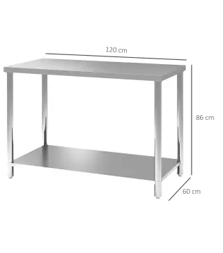 Mesa de Trabajo de Acero Inoxidable con 2 Estantes para Cocina Garaje Taller Carga 100 kg 120x60x86 cm Plata